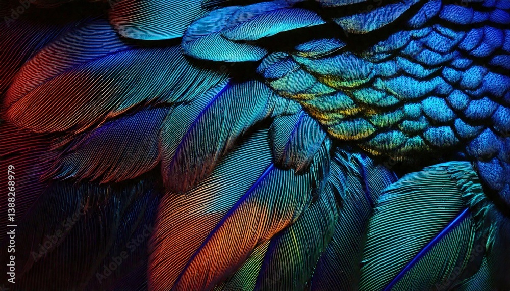 Fototapeta premium 幻想的な虹色の羽 – 黒背景に映えるアート素材, 孔雀のような光沢と色彩が魅力の羽根コレクション