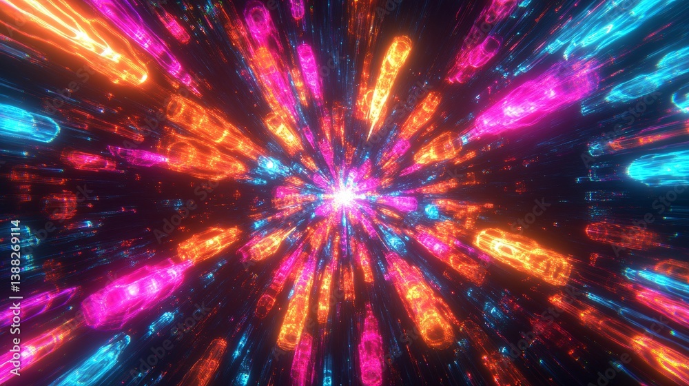 Fototapeta premium Vibrant Abstract Burst of Light with Colorful Flares in Motion Exploding from the Center Creating a Dynamic and Energetic Visual Experience