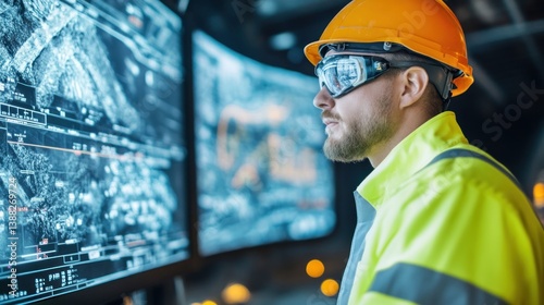 Engineer Monitoring Data on Screens Wearing Safety Gear Indoor