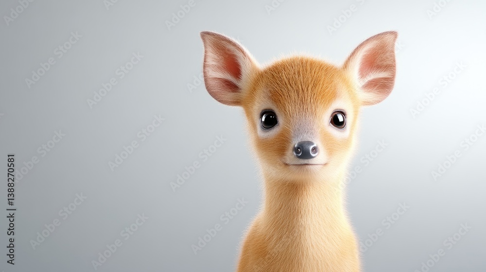 Fototapeta premium A digital rendering depicts a fawn. It has large ears and soft, light orange fur. The fawn is centered, against a simple, light gray background. The image is high-resolution, with realistic fur detai