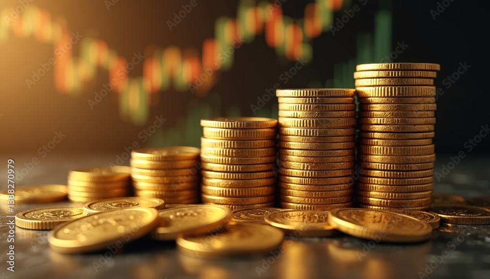 Stacks of golden coins with financial investment chart in background. Money saving stock funding concept. Business ideas for design. Wealth success profit concept. Stacks of golden coins with financial investment chart in background. Money saving stock funding concept. Business ideas for design. Wealth success profit concept.