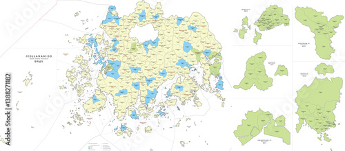 South Jeolla couJeollanam-do (South Jeolla) Province of South Korea Highly Detailed Vector Map. Each element in a separate layer: Inscriptions,  province, counties, districnties administrative basic 3