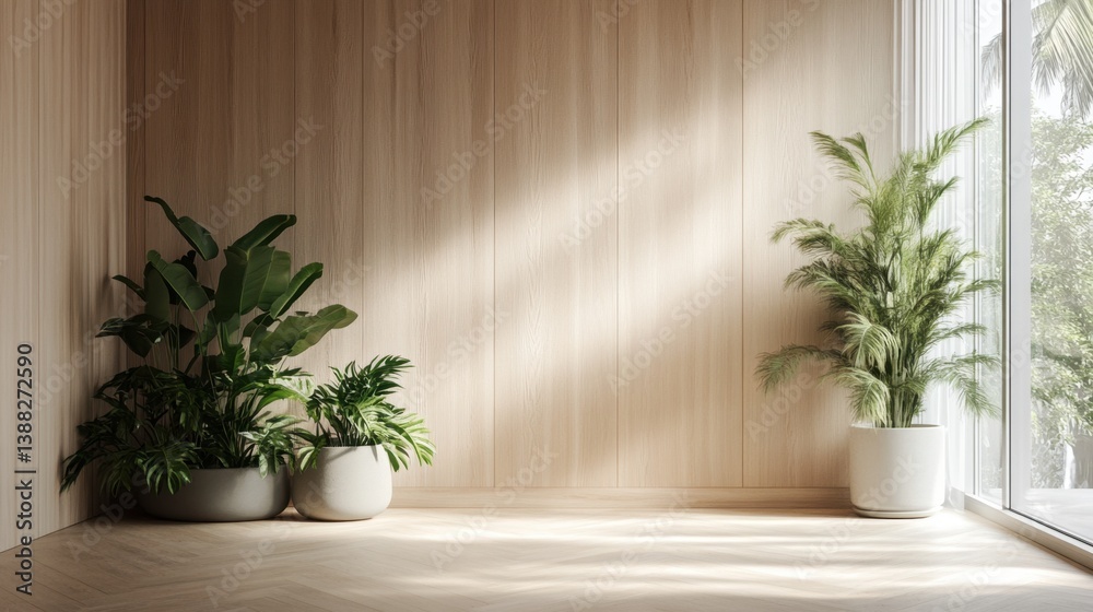 Minimalist spa design with light wood panels, green plants, and calm tones for modern relaxation Minimalist spa design with light wood panels, green plants, and calm tones for modern relaxation