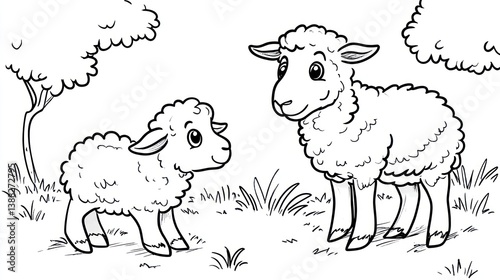 Cute cartoon sheep mother and lamb in a meadow.  Possible use Children's book illustration