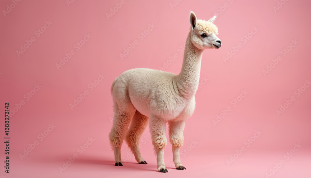 Fototapeta premium Adorable alpaca poses against a vibrant pink backdrop. Cute fluffy animal from Andes, native to South America. Portrait of alpaca. Soft wool farm animal, perfect design resource for animal lovers.