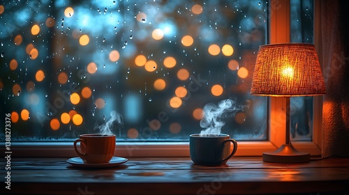 A cozy lofi room filled with warm fairy lights, a glowing lamp casting soft shadows, a steaming cup on a wooden desk, rain tapping gently on the window,