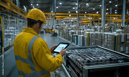 Warehouse worker checking inventory on a tablet computer in a factory