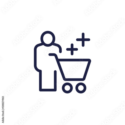 person with shopping cart line icon on white