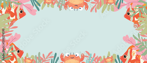 Under the sea frame with  fishes and crabs,cute banner with crabs,fishes,seaweeds,coralscartoon style, on mint background