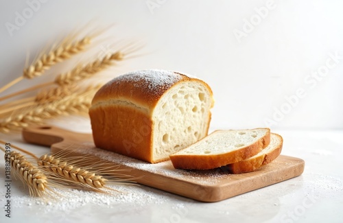 Fresh toastbread with wheat flour on white background. Loaf bread with slices on wooden cutting board with ears of wheat. Healthy food. Bakery concept, breakfast.