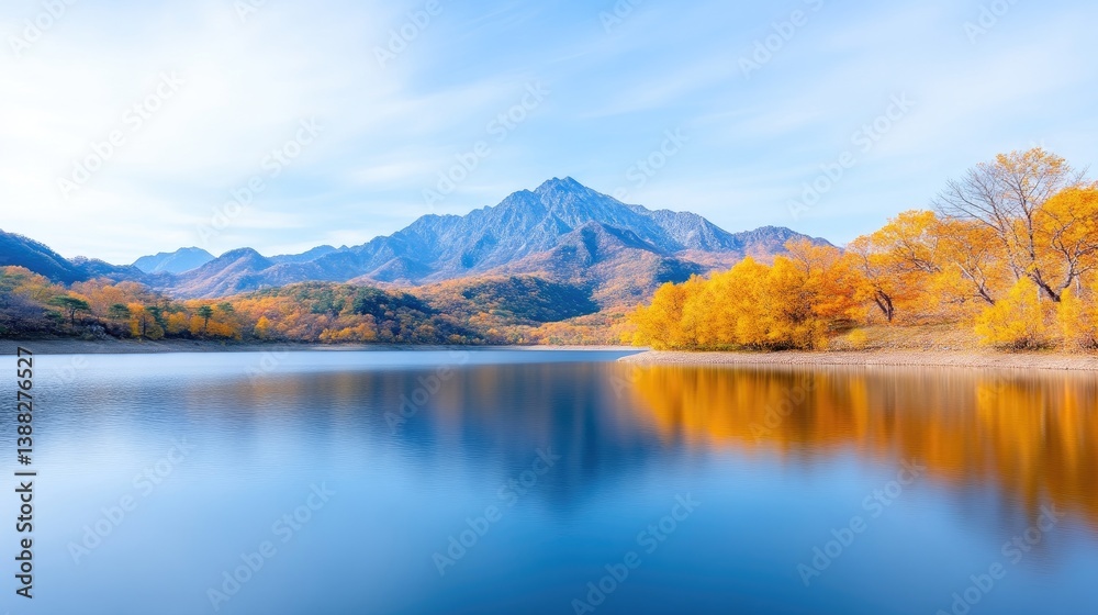 A serene lake reflecting autumn foliage with majestic mountains in the background, clear blue sky, tranquil water, vibrant fall colors, and natural landscape. A serene lake reflecting autumn foliage with majestic mountains in the background, clear blue sky, tranquil water, vibrant fall colors, and natural landscape.