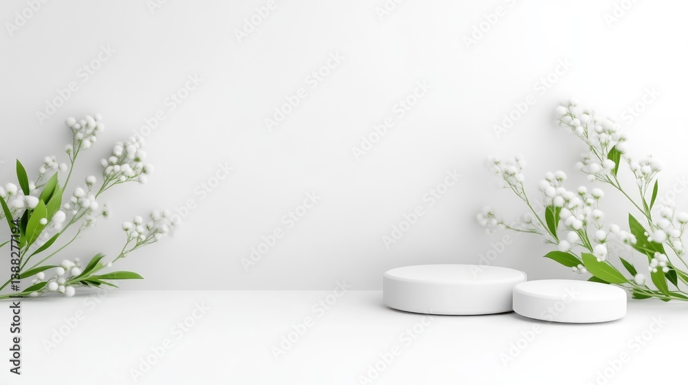 Two white cylindrical platforms sit centrally against a white background. Delicate white flowers with green stems flank the platforms. The image is clean and minimalist, with high resolution and even Two white cylindrical platforms sit centrally against a white background. Delicate white flowers with green stems flank the platforms. The image is clean and minimalist, with high resolution and even
