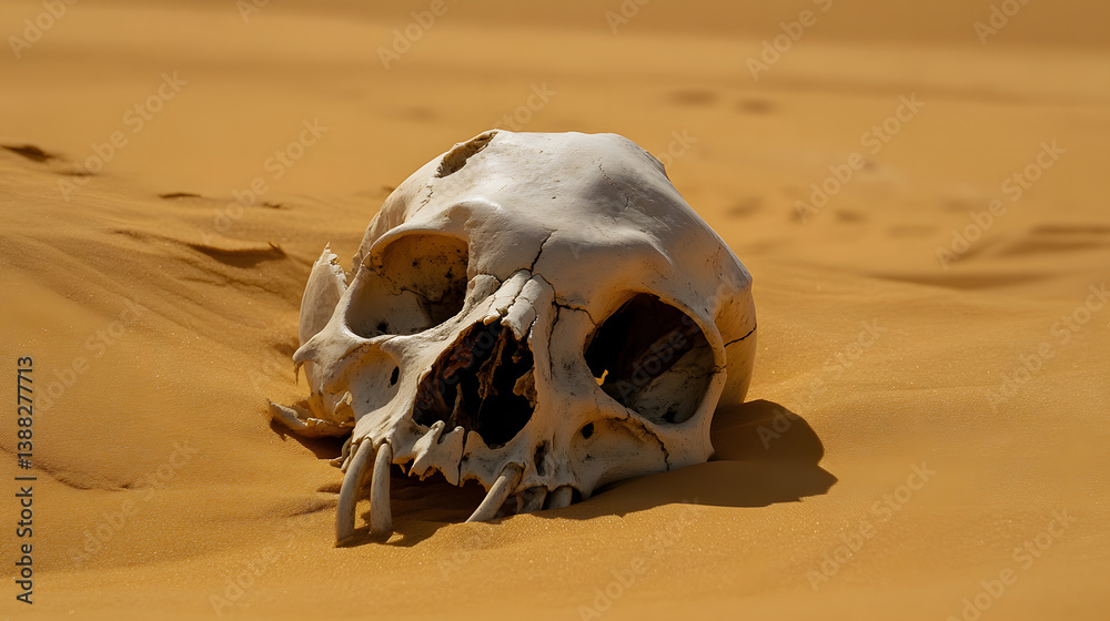 Obraz premium Weathered animal skull resting in the desert sands, showcasing the harsh beauty and desolation of the arid landscape. A stark reminder of life and death in nature.