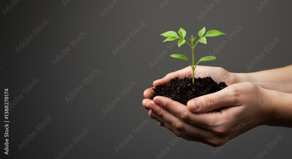 Hands Holding a Young Green Seedling in Soil Against Dark Background - Concept of Growth, Sustainability, and Environmental Care Hands Holding a Young Green Seedling in Soil Against Dark Background - Concept of Growth, Sustainability, and Environmental Care