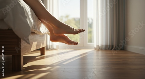 Bare Feet Dangling from Bed in Morning Light - Peaceful Minimalist Bedroom Scene