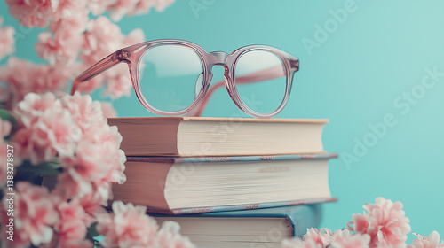 Books and glasses with cherry blossoms