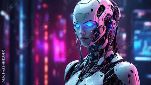 A futuristic robotic figure with a digital photo