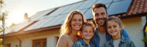 Happy family smiles in front of home. House with solar panels on rooftop represents green power concept. Father mother son daughter together, shows eco-friendly lifestyle. Sustainable energy, future