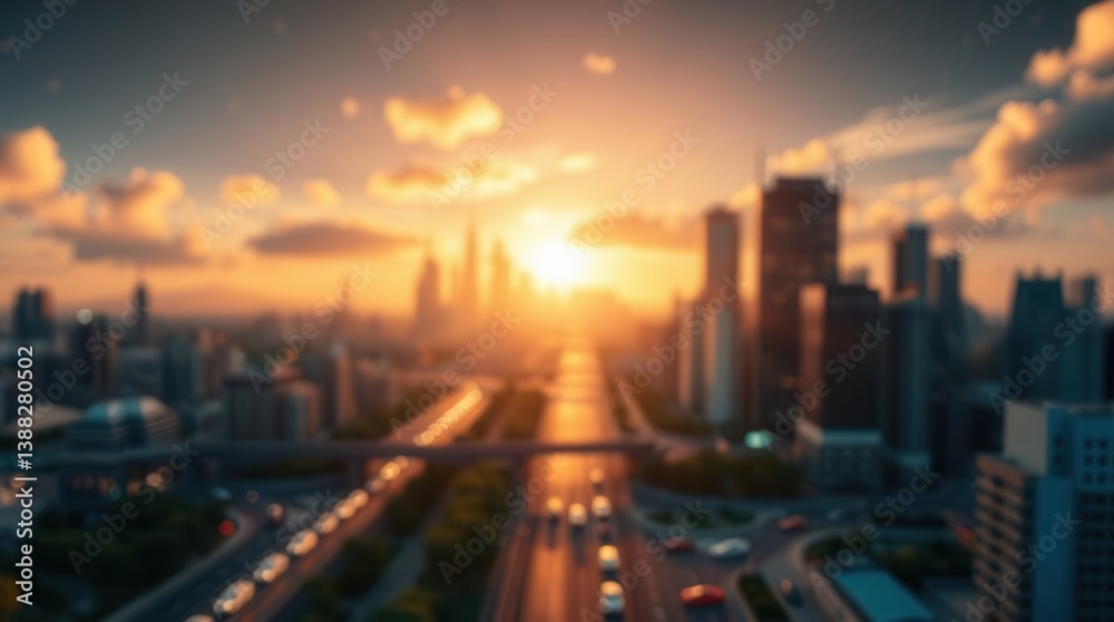 Fototapeta premium Cityscape bathed in golden light, traffic flowing smoothly, evoking serenity and urban sophistication.