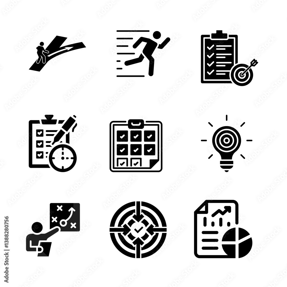 Fototapeta premium Icon set actions plan. Business, management, marketing, team work, calendar, illustration vector.