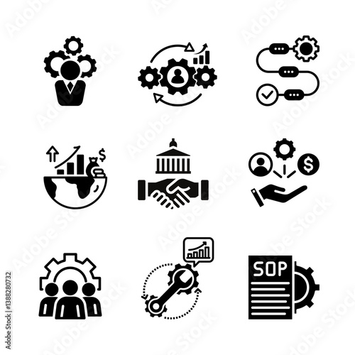 Set of operation Management  icon. Gear, cog, and wheel icon. Business process and workflow illustration