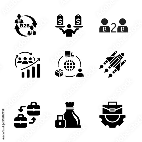 Icon set B2B solid icons collection.Containing Business, Markets, Transaction, Sub Components, Supply Chain, Sales, Raw Materials, Marketing, Advertising, Success, Strategy, stock illustation vector, 