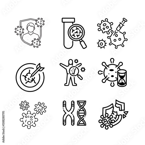 Virus icon set. Included icons as Colony of Bacteria, Bacteria, microbiology, biohazard,