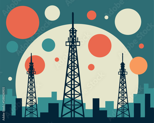 Three Radio Towers Broadcasting Signals Over a Cityscape at Night.