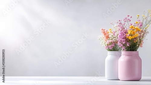 Two rustic jars filled with colorful wildflowers standing on a white surface, soft light background, and minimalist home decor arrangement.