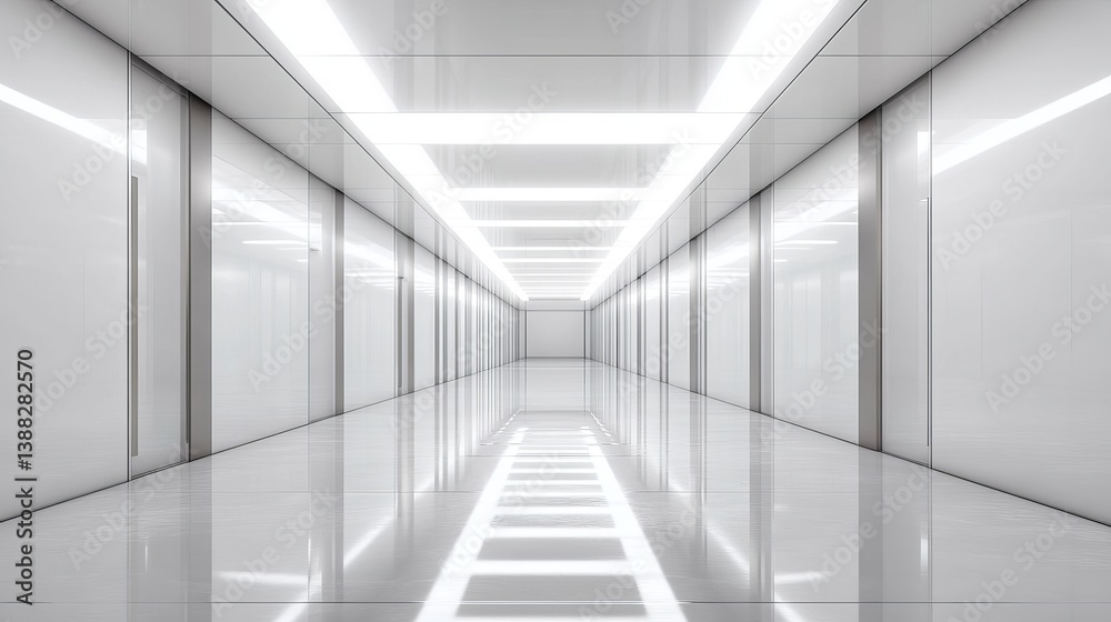 A long white corridor with bright lights on the ceiling and reflective floor stretching into the distance A long white corridor with bright lights on the ceiling and reflective floor stretching into the distance