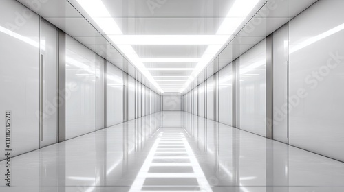 A long white corridor with bright lights on the ceiling and reflective floor stretching into the distance