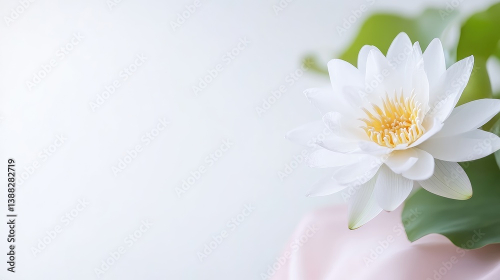 Obraz premium White Water Lily with Pad Soft Minimalist Style High-Resolution Soft Focus Horizontal Close-Up View Delicate Petals Displaying Serenity Neutral Background Pastel Calm Mood Ideal for Spa Branding