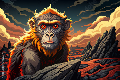 Monkey portrait on the edge of a volcanic crater landscape