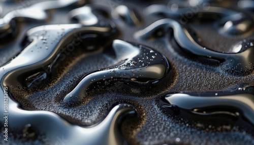 Trendy neo futurism 2025 ai design rendering: A close-up shot reveals a textured, dark surface covered in glistening, viscous liquid resembling black tar or oil, creating a dynamic and abstract patt