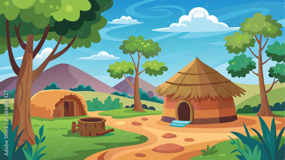 Village nature landscape scene with mud made hut and trees Village nature landscape scene with mud made hut and trees