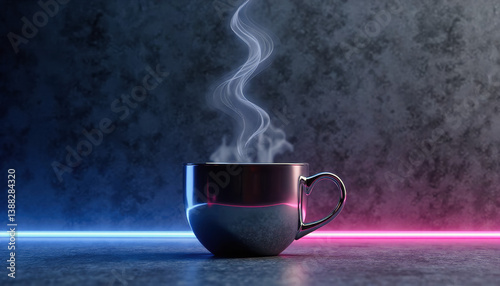 Trendy neo futurism 2025 ai design rendering: A dark mug emits a swirling vapor heart shape illuminated by neon blue and pink lights against a textured gray background.