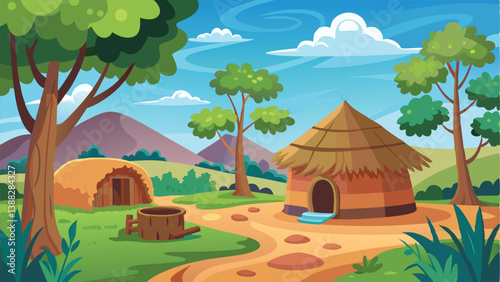 Village nature landscape scene with mud made hut and trees