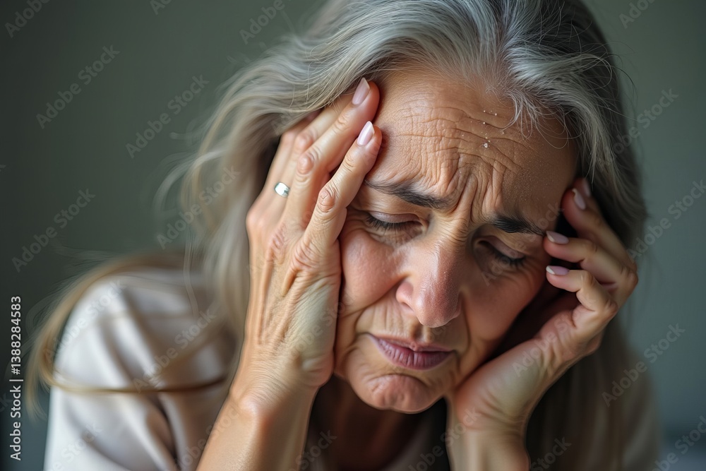 Fototapeta premium Close-up of elderly woman with long hair scratching her dandruff-covered scalp with discomfort.