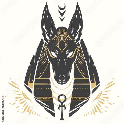 Stylized black and gold graphic illustration of Anubis, the ancient Egyptian jackal-headed god, on a white background. Minimalist mythological artwork with symbolic cultural and spiritual meaning.