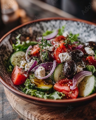A fresh and vibrant Greek salad served in a stylish ceramic bowl.