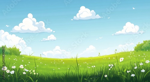 Beautiful cartoon meadow scene with fluffy white clouds in the sky
