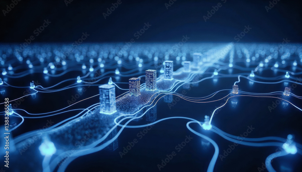 Fototapeta premium Trendy neo futurism 2025 ai design rendering: A futuristic cityscape emerges from a network of glowing blue lines and nodes, representing a digital infrastructure and advanced technology.