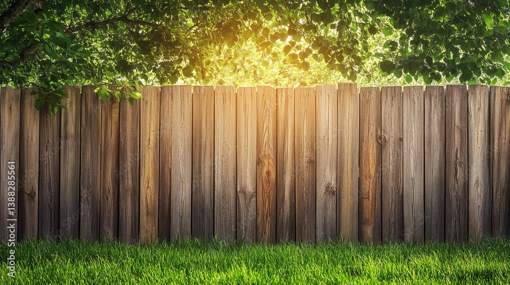 Fototapeta premium Backyard wooden fence with green grass and tree leaves in summer garden background for outdoor design