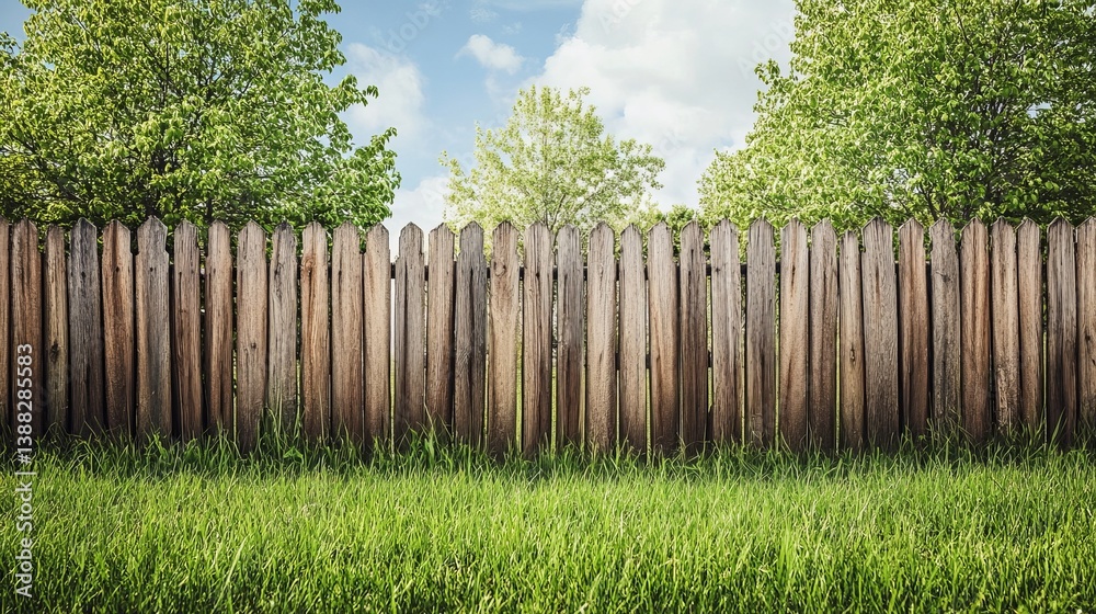 Fototapeta premium Rustic wooden fence in backyard garden with green grass and trees under blue sky landscape background
