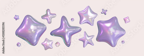 Iridescent Purple Stars.3d chrome set  holographic stars. Pearl fluid shapes.  Isolated silver abstract elements in y2k style and 90s design