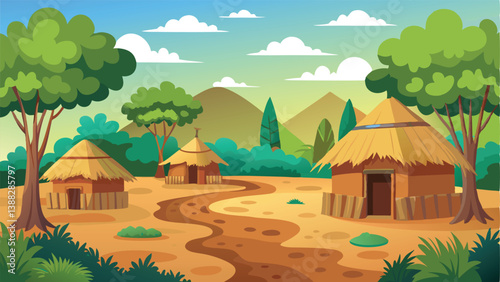 Village nature landscape scene with mud made hut and trees