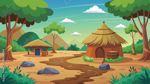 Village nature landscape scene with mud made hut and trees