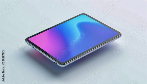 Trendy neo futurism 2025 ai design rendering: A silver iPad floats against a plain white background, displaying a vibrant gradient wallpaper of blue and purple hues.