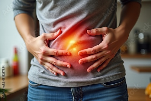 Unhealthy Fast Food Consequences: A Detailed Close-Up of Stomach Pain Post-Indulgence
