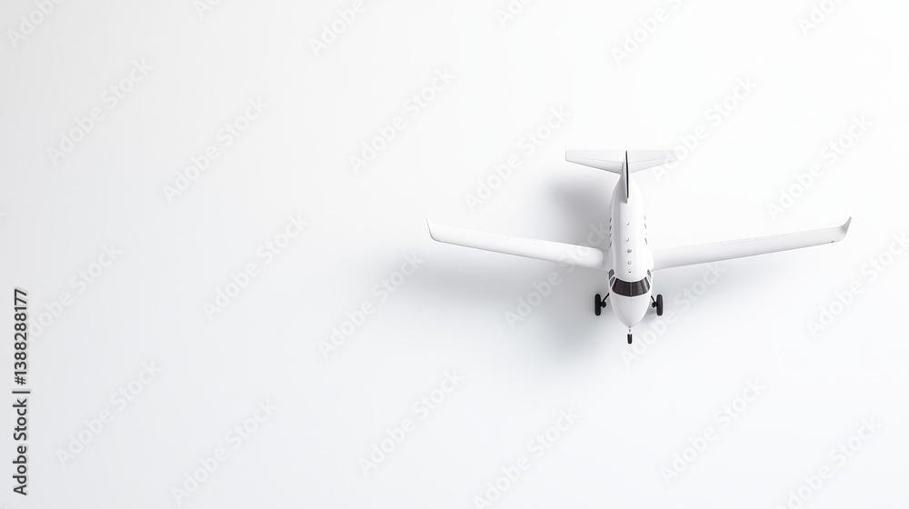 A small white airplane flying against a clean minimalistic background, top view composition, isolated on white, and concept of aviation and travel.